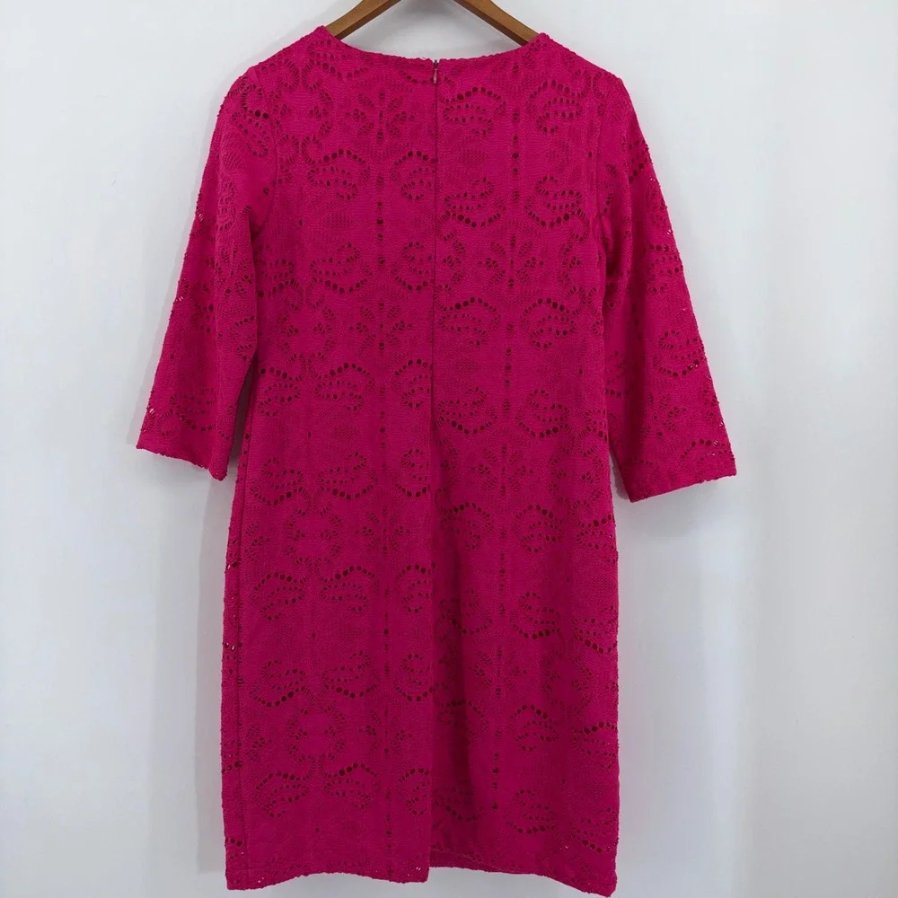 Chicos Pink Eyelet Lace Sheath Dress 3/4 Sleeve Size 00 XS Hot Pink Geometric